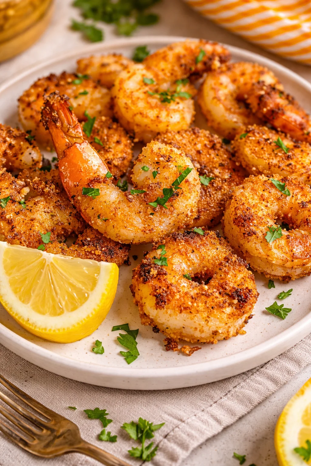 Delicious Cajun Grilled Shrimp served on a platter with garnishes.