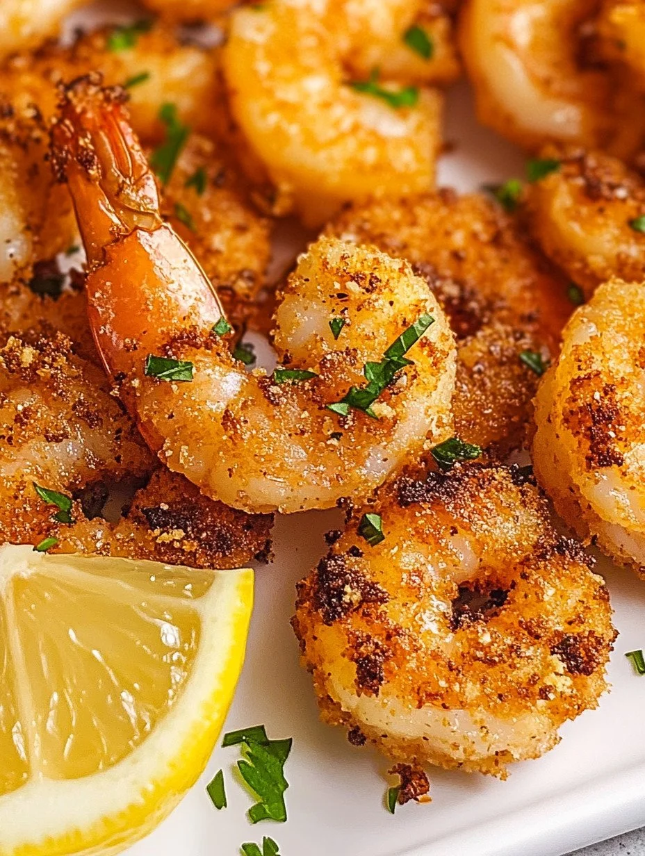Plate of Cajun grilled shrimp served with lemon and herbs