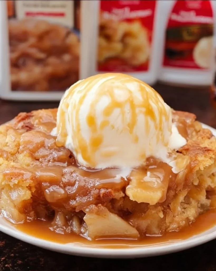 Delicious caramel apple dump cake topped with whipped cream and caramel drizzle