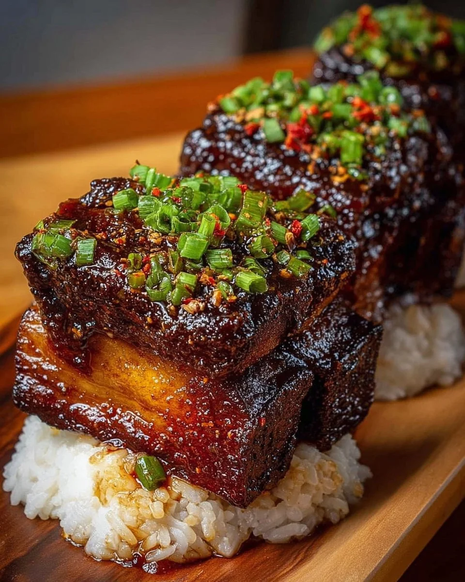 Caramelized slow roast Asian beef short ribs served with vegetables