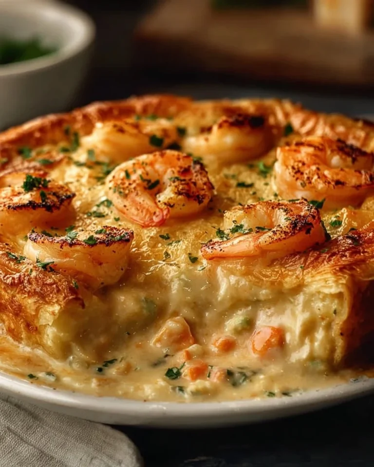 Cheddar Bay Seafood Pie with a golden crust and seafood filling