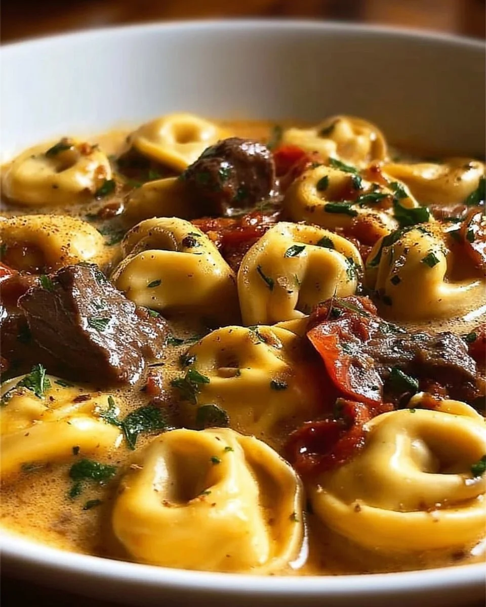 A delicious plate of cheesesteak tortellini topped with herbs and cheese