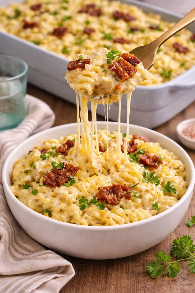 Creamy cheesy chicken bacon pasta casserole topped with crispy bacon