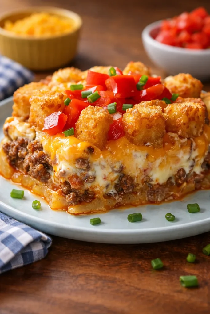 Delicious cheesy tater tot casserole served in a dish