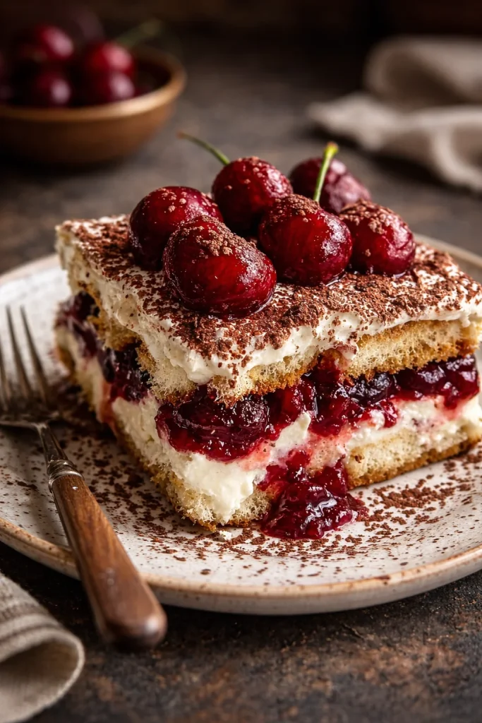 Delicious Cherry Tiramisu with Mascarpone Cream served in a dessert dish