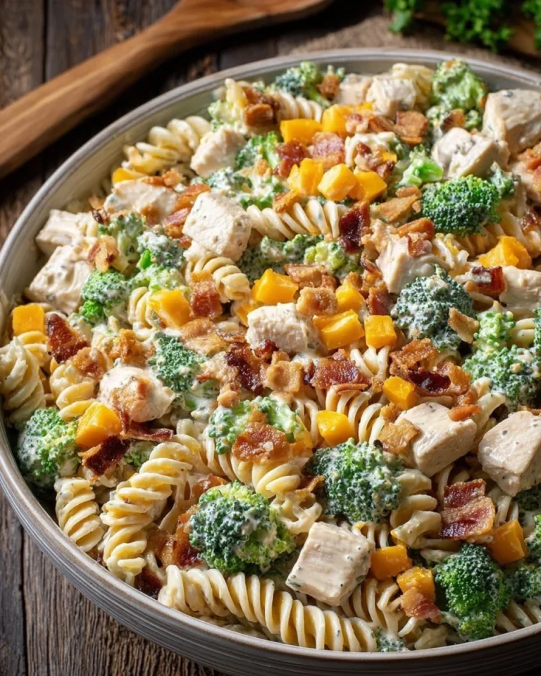 Delicious Chicken Broccoli Pasta Salad served in a bowl with fresh ingredients.