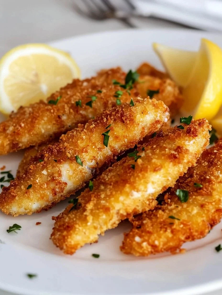 Chicken Schnitzel Golden Chicken Schnitzel served with a side of lemon and parsley.