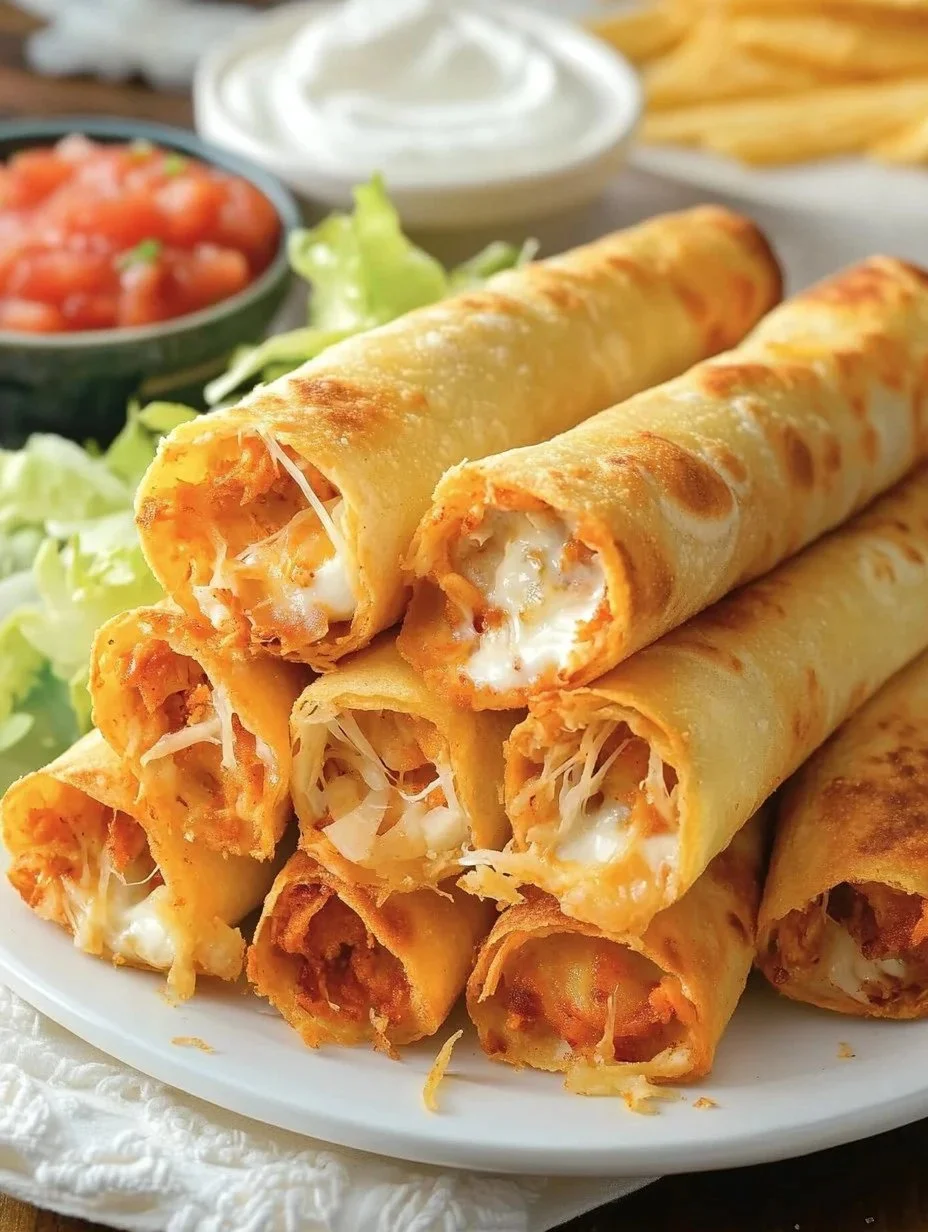 Crispy Chicken Taquitos filled with seasoned chicken and served with salsa.