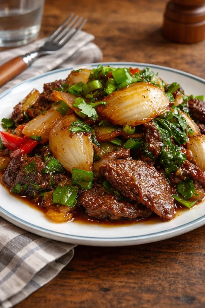 Chinese Beef and Onion Stir Fry served in a bowl with vegetables.