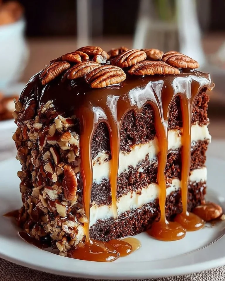 Delicious Chocolate Caramel Pecan Cake topped with drizzled caramel and pecans