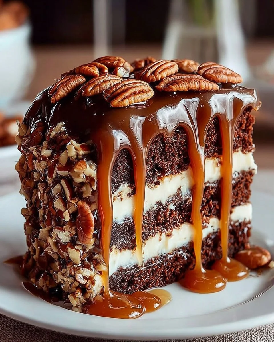 Delicious Chocolate Caramel Pecan Cake topped with drizzled caramel and pecans