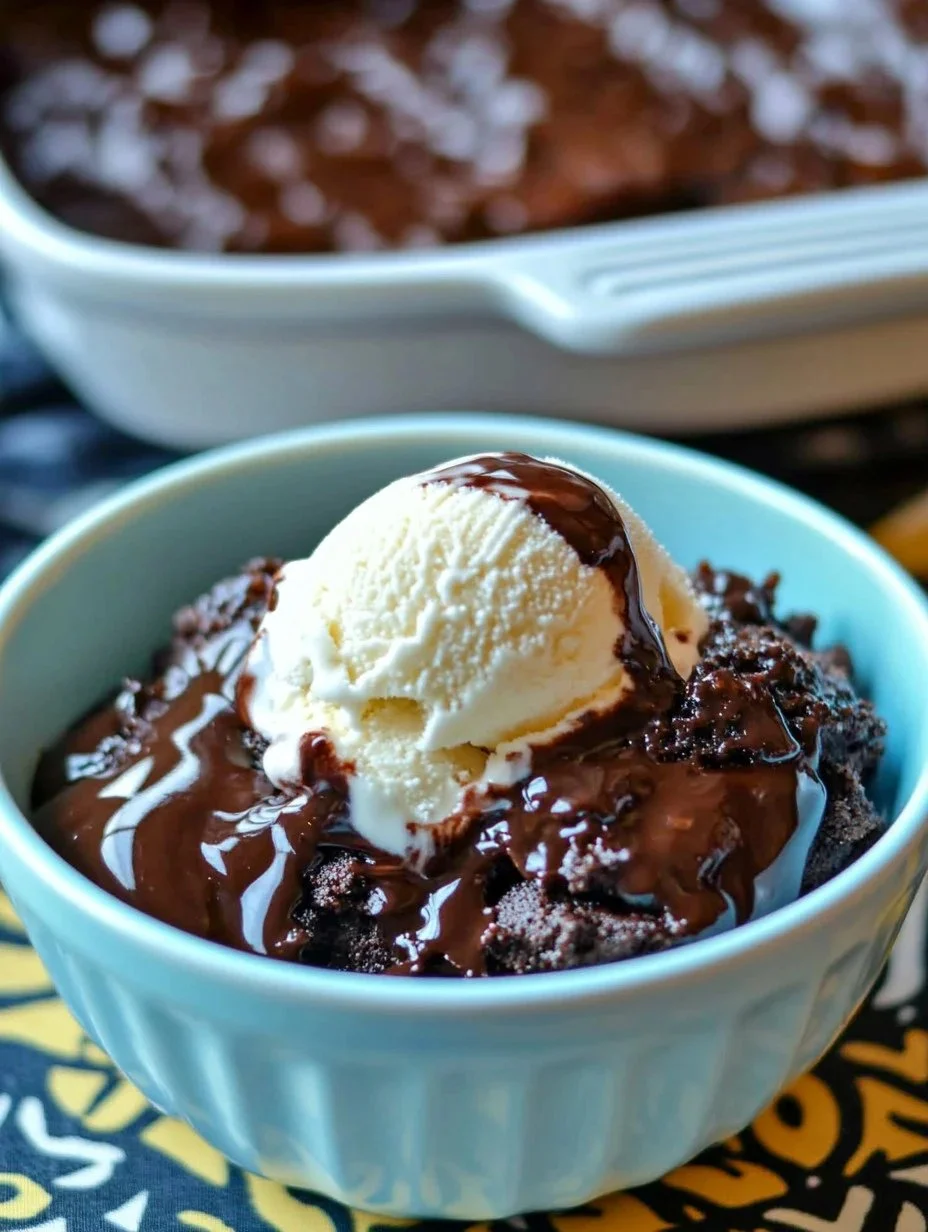 Chocolate Cobbler Delicious homemade chocolate cobbler topped with vanilla ice cream