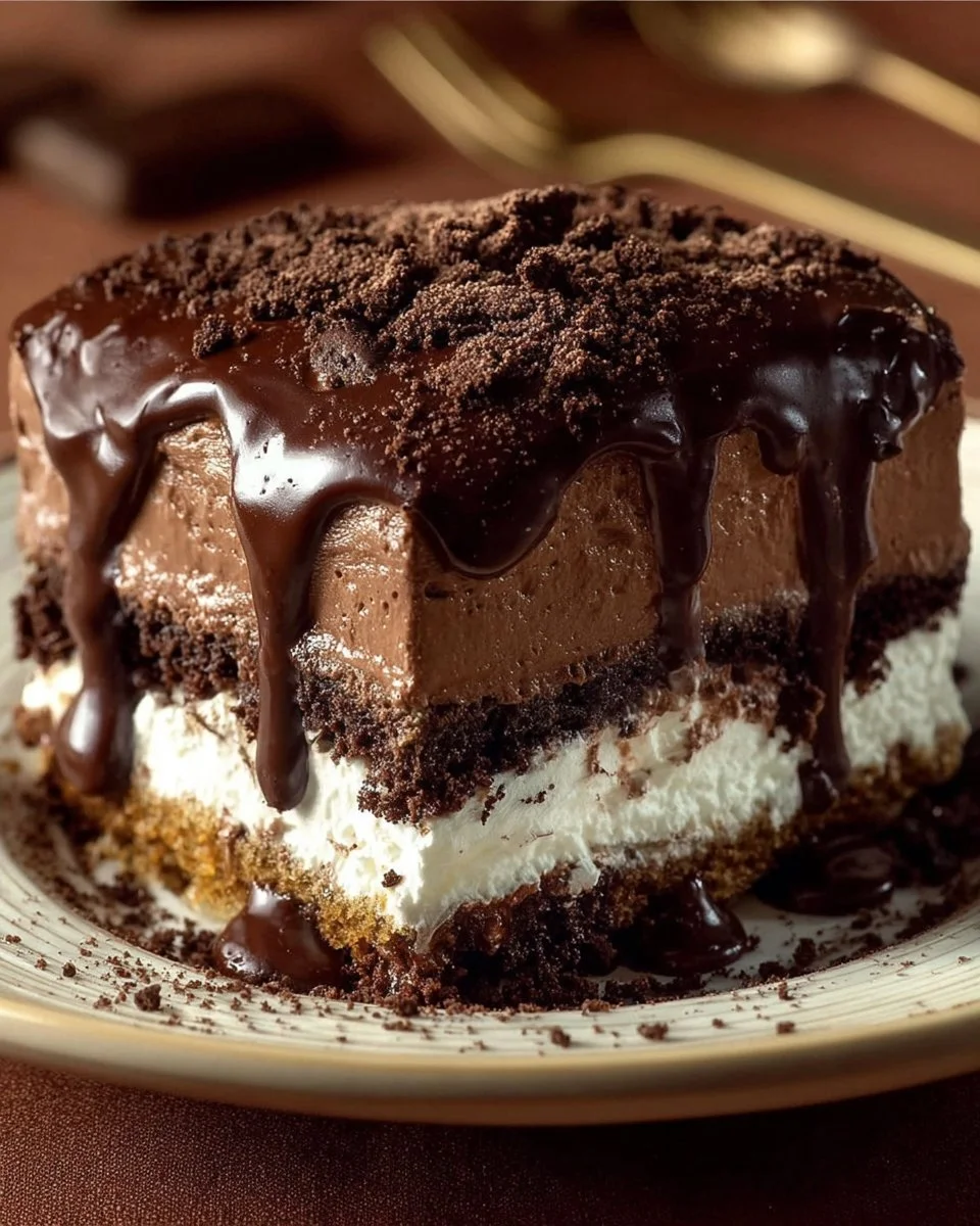 No-bake chocolate lasagna dessert layered with creamy chocolate filling and cookies