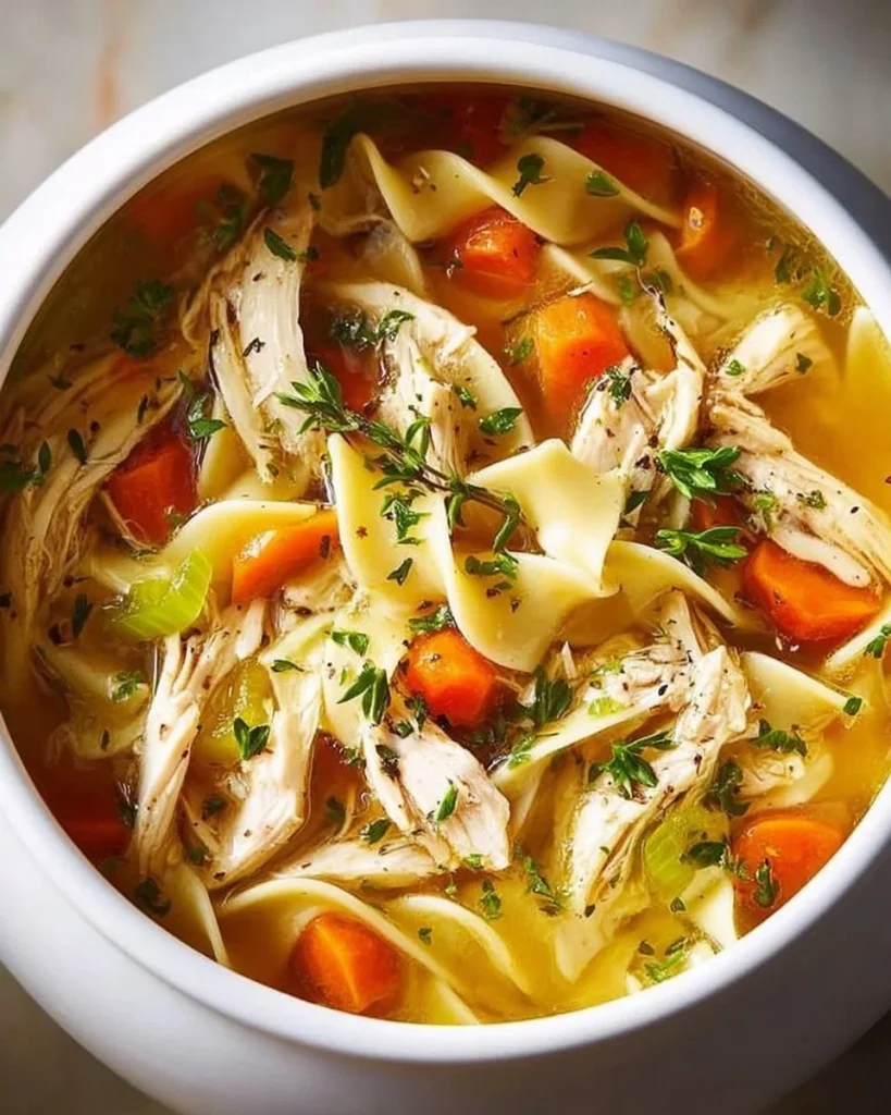 Bowl of classic chicken noodle soup with vegetables and herbs
