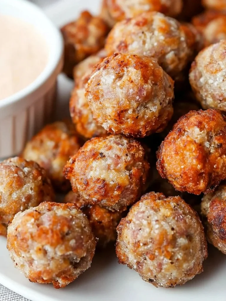 Plate of classic sausage balls, a delicious savory snack or appetizer.