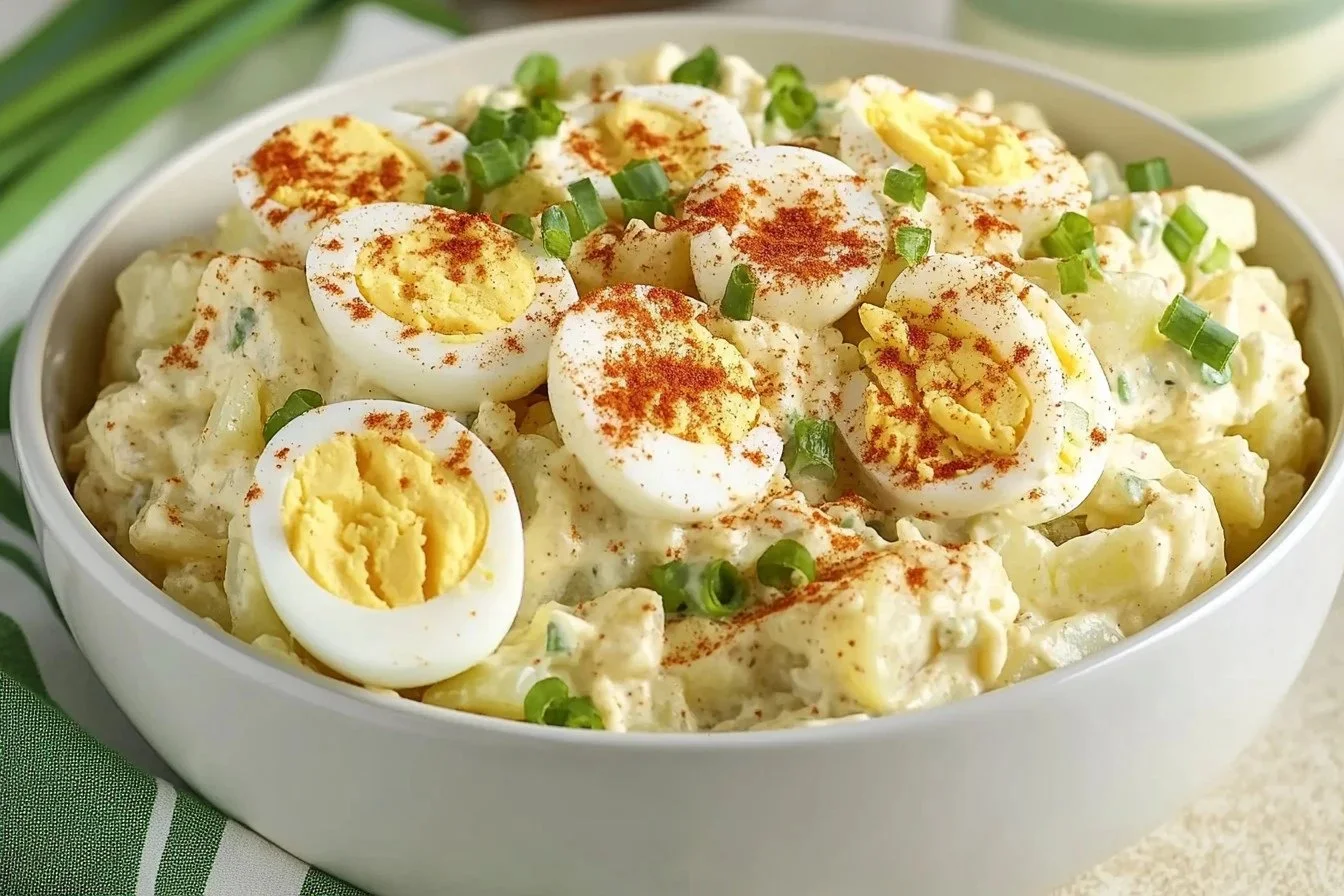 Classic Southern Potato Salad A bowl of classic Southern potato salad garnished with parsley.