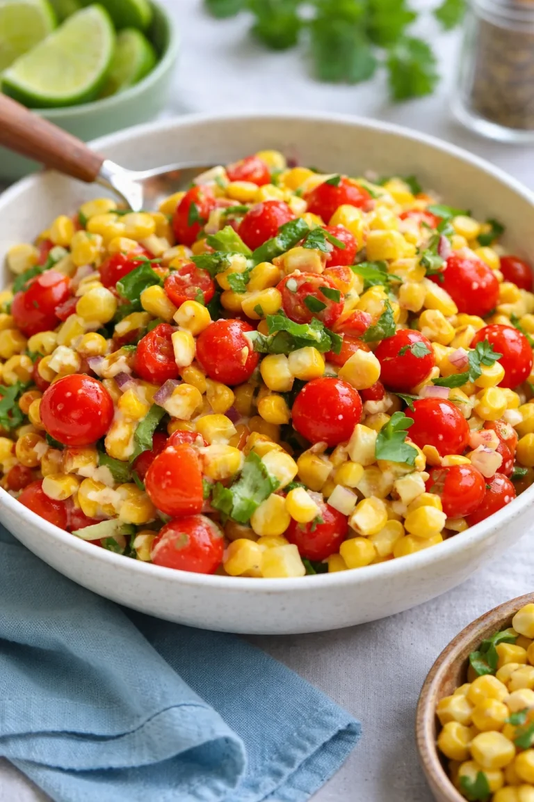 Fresh corn salad with mixed vegetables and dressing