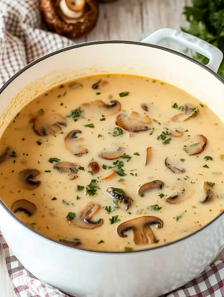 Delicious bowl of cream of mushroom soup garnished with herbs
