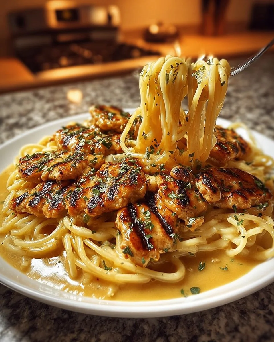 Creamy Cheddar Parmesan Chicken Spaghetti served in a bowl with herbs