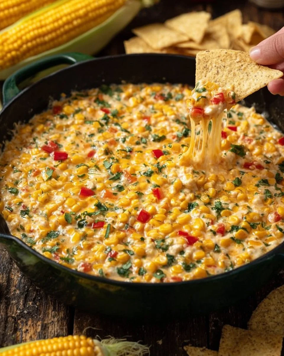 Creamy cheesy spicy hot corn dip served in a bowl with tortilla chips