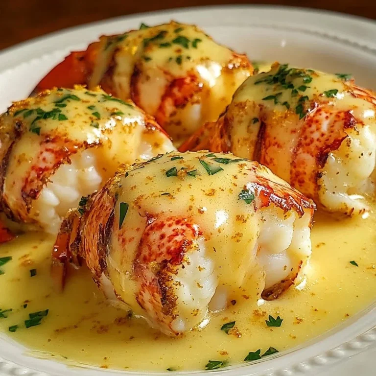 Creamy garlic butter lobster tails served with fresh herbs and lemon wedges.