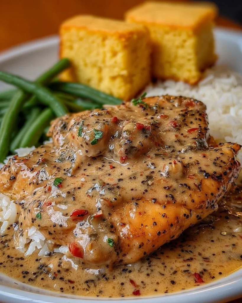 Creamy pepper chicken dish served with rice on a white plate
