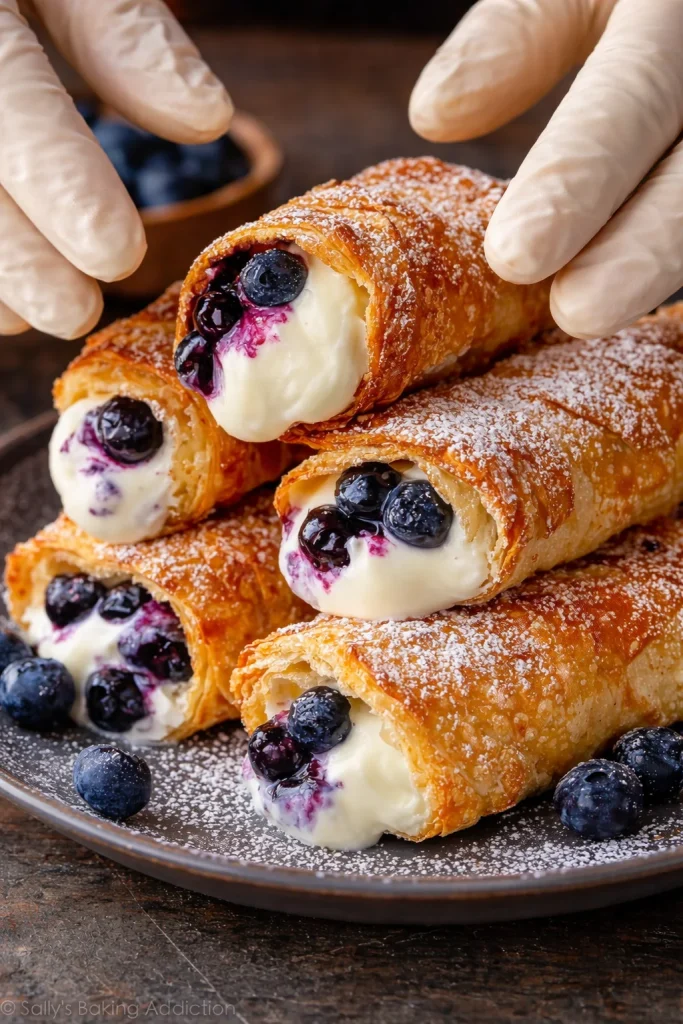 Crispy blueberry cream cheese rolls with fresh blueberries and cream filling