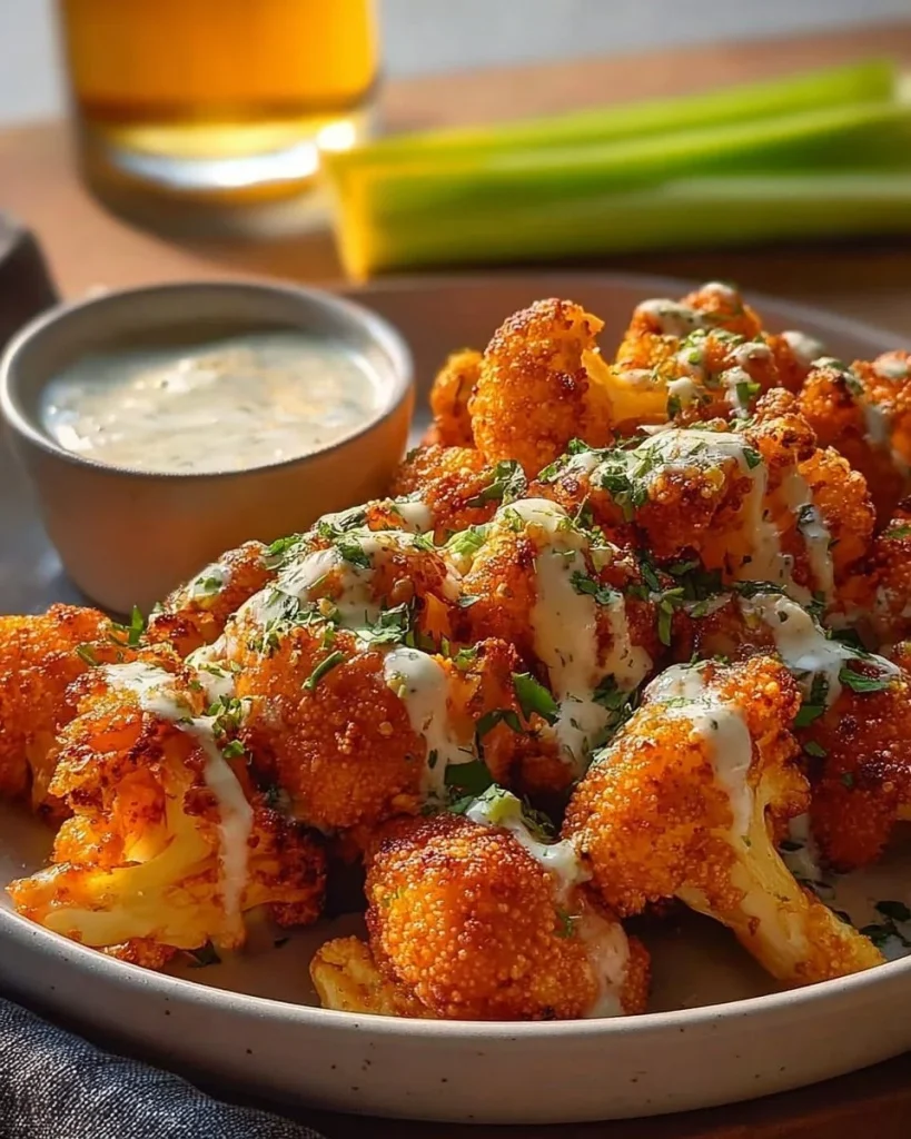 Plate of crispy buffalo cauliflower bites garnished with celery and dipping sauce