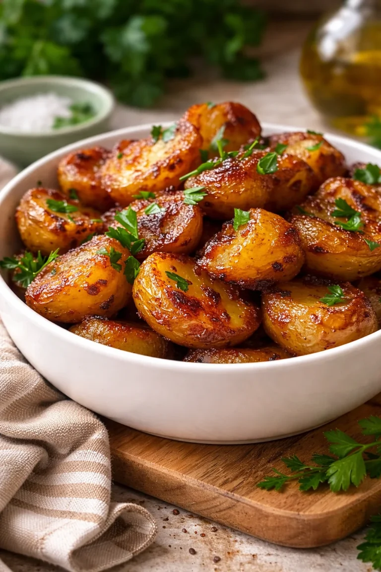 Plate of crispy garlic butter baby potatoes garnished with herbs