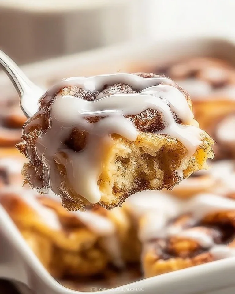 Delicious Easy Cinnamon Roll Casserole baked in a dish
