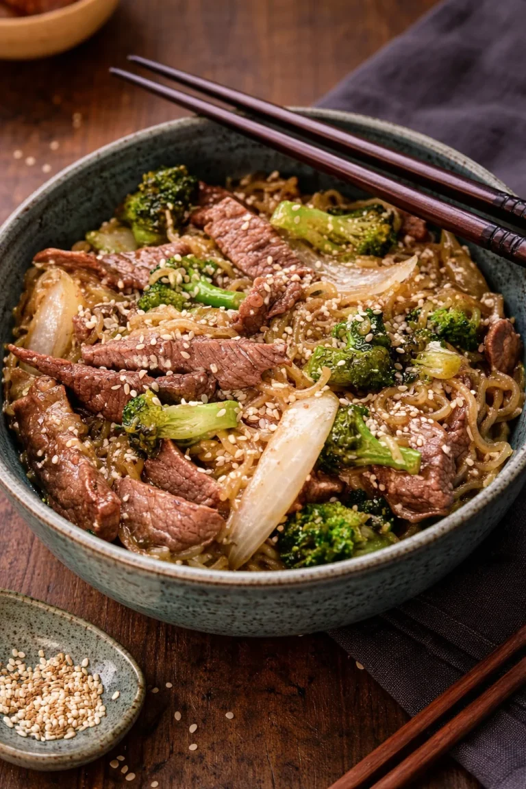 Easy skillet bean ramen with broccoli in a pan