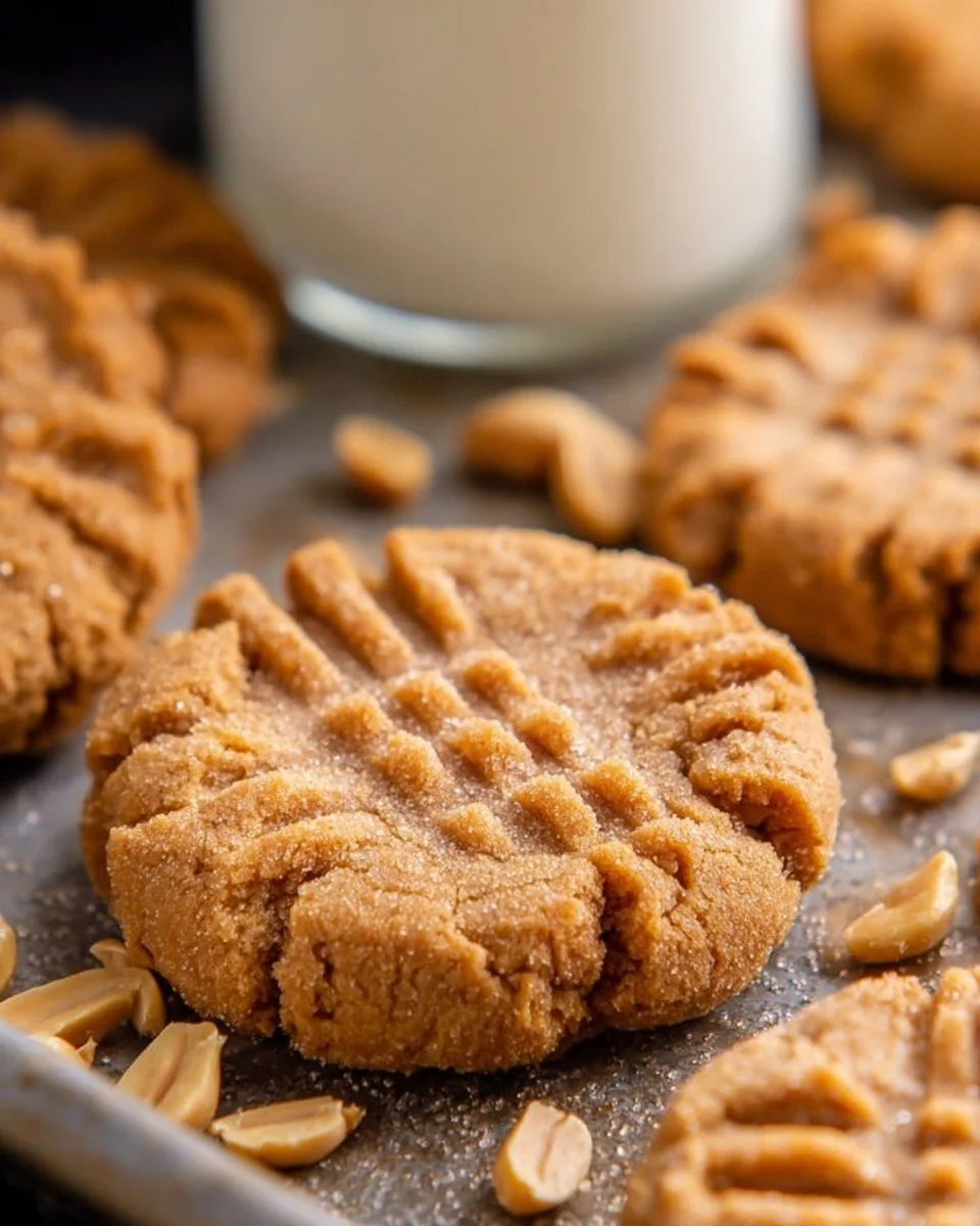 Four ingredient peanut butter cookies on a baking sheet