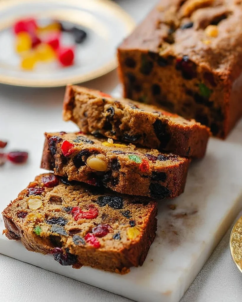 A beautifully decorated fruit cake with vibrant fruits and nuts on top