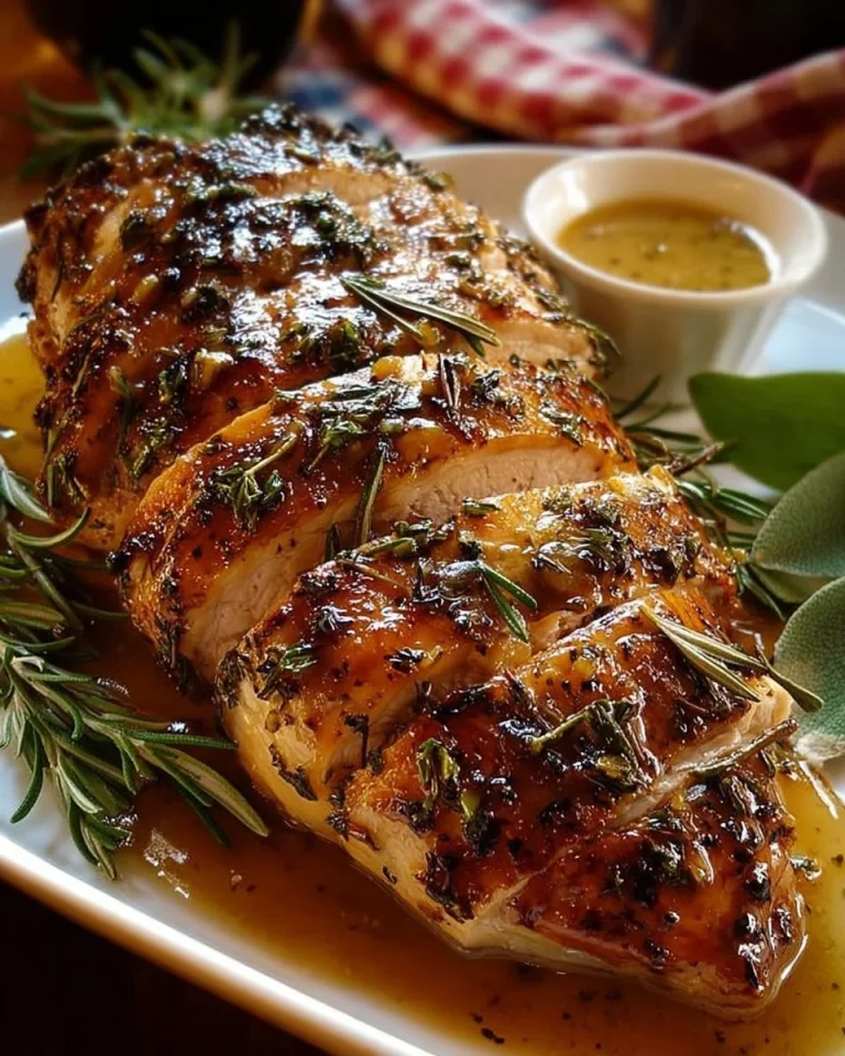 Deliciously seasoned Garlic-Herb Roasted Turkey Breast ready to serve