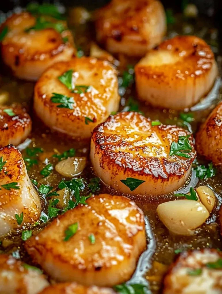 Garlic lemon butter seared scallops plated with herbs