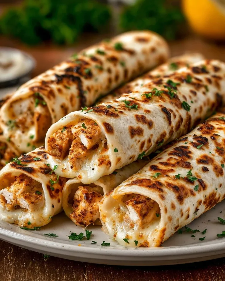 Delicious garlicky cheesy chicken wraps ready to serve.