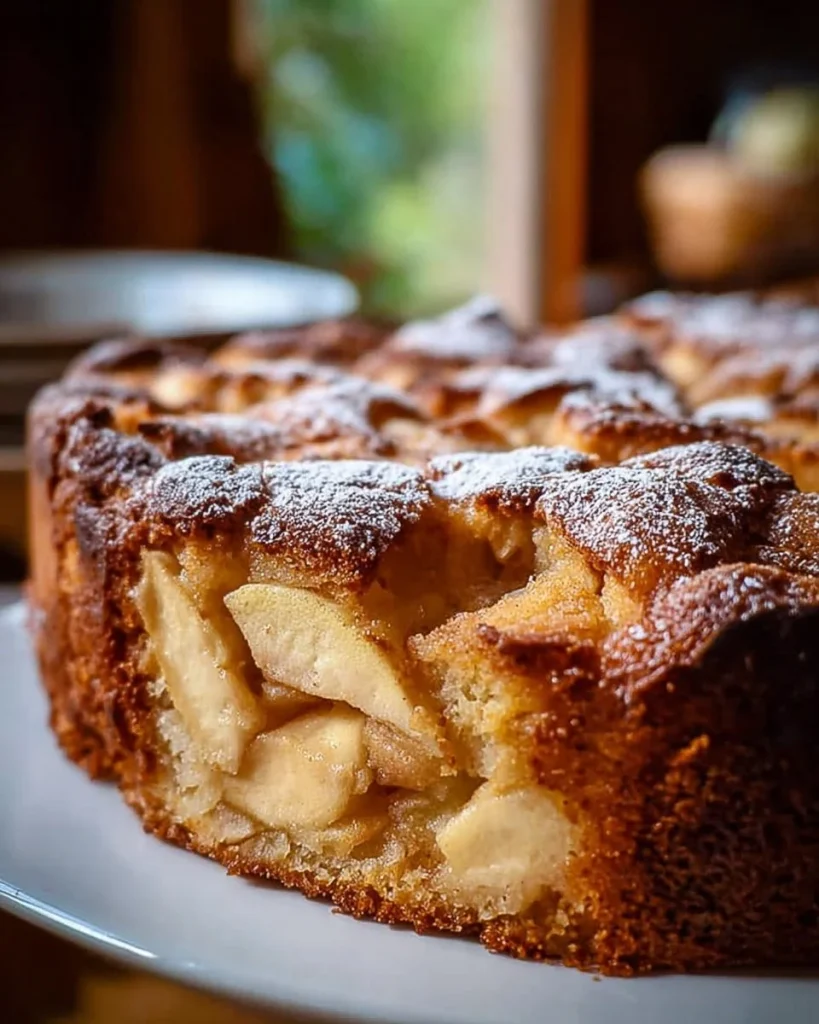 Delicious slice of German Apple Cake topped with fresh apples and cinnamon