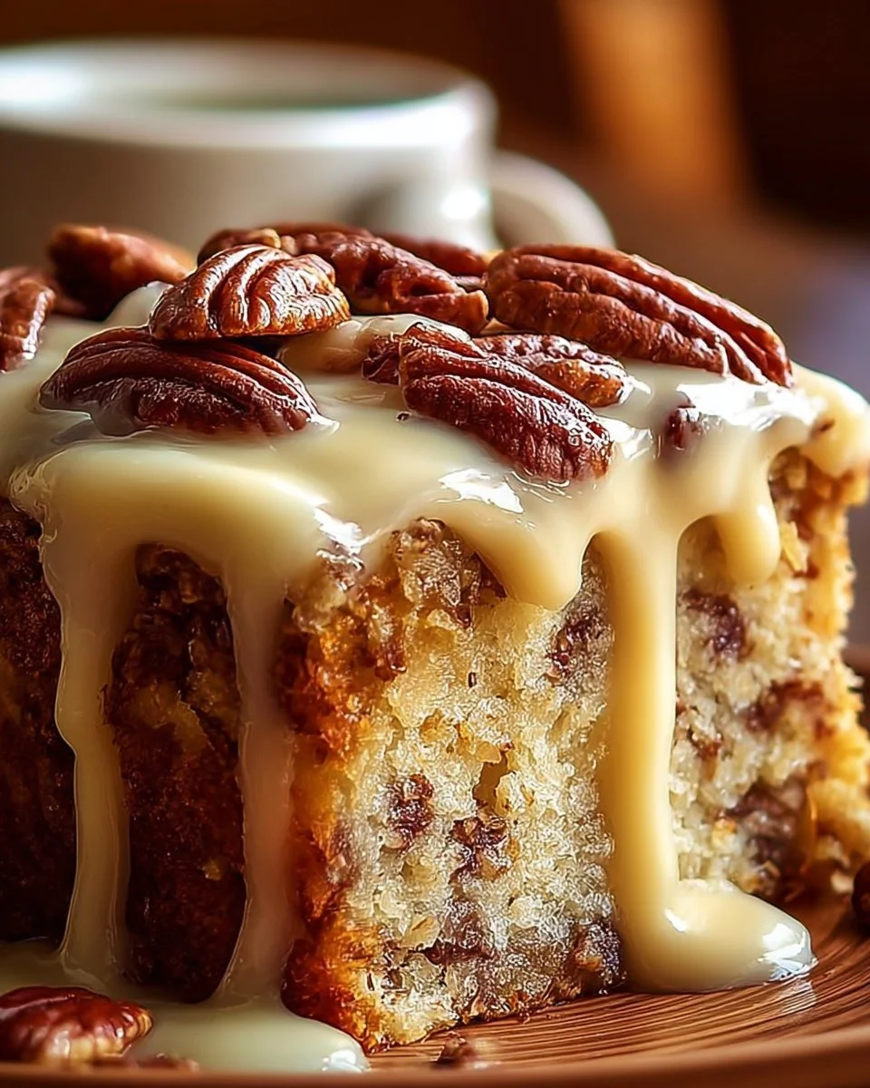 Gooey Butter Pecan Cake Delicious gooey Butter Pecan Cake topped with pecans and a buttery glaze.