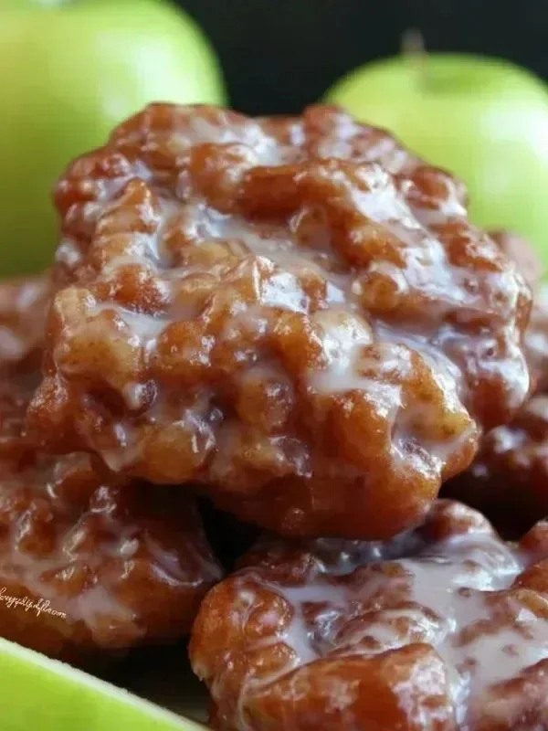 Homemade apple fritters topped with powdered sugar, ready to enjoy.