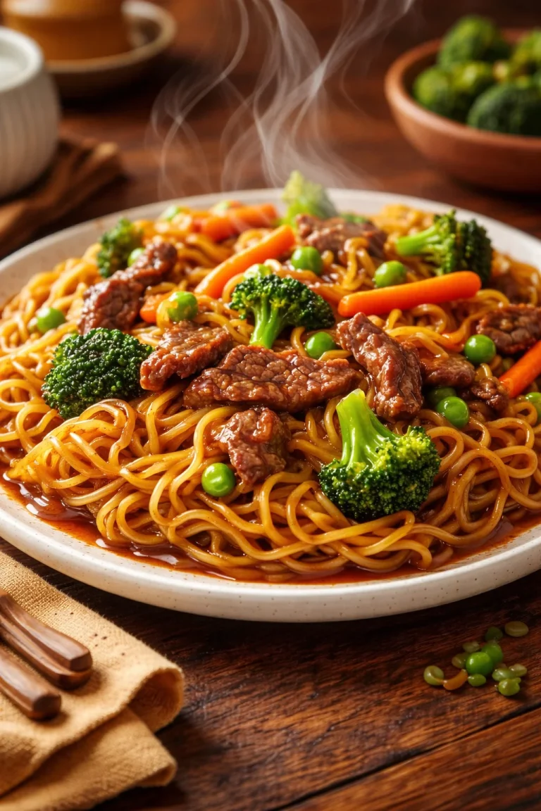 Homemade Beef and Broccoli Lo Mein Plate of homemade beef and broccoli lo mein with vegetables and noodles