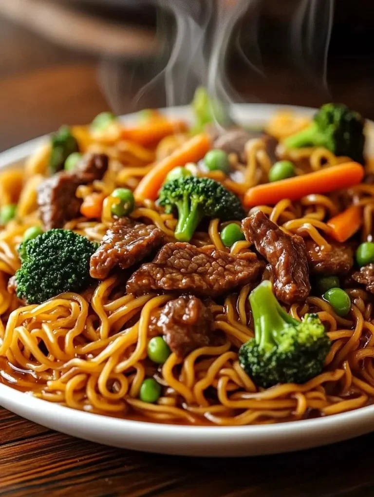 Homemade Beef and Broccoli Lo Mein with Green Peas Homemade beef and broccoli lo mein with green peas served in a bowl