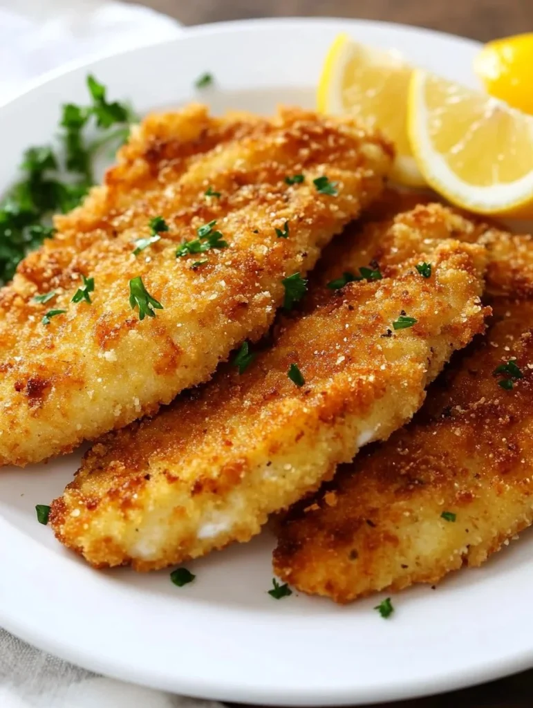 Homemade chicken schnitzel served with lemon and parsley garnish
