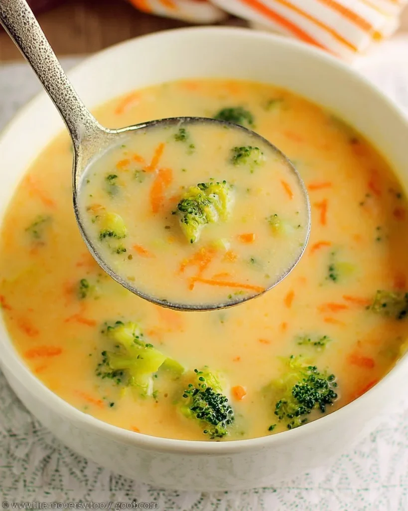Bowl of homemade Panera broccoli cheese soup garnished with fresh broccoli.