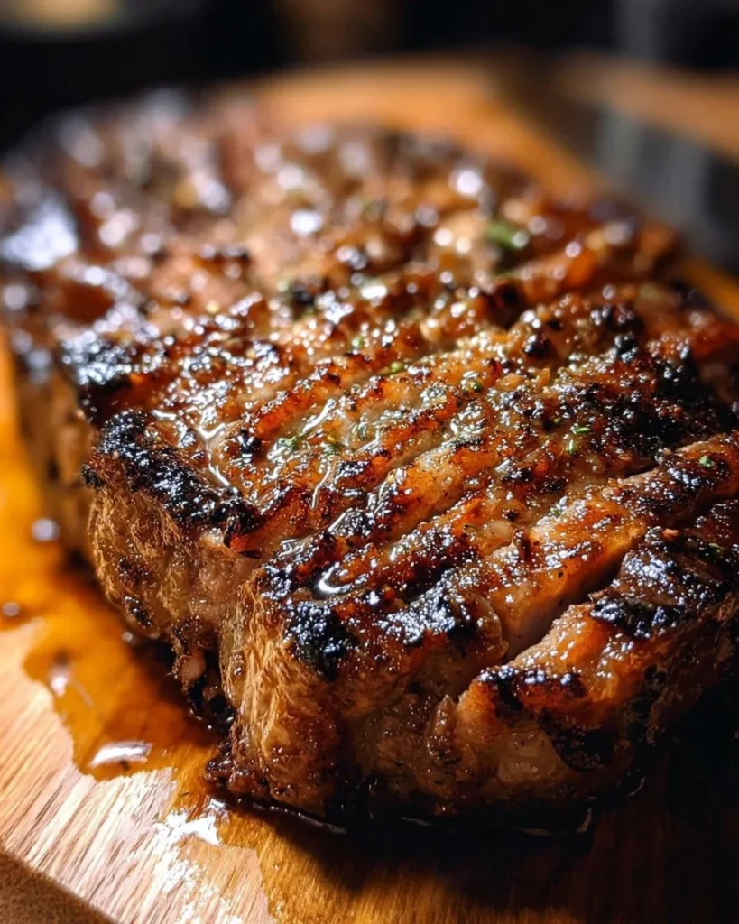 Honey mustard beef roast garnished with herbs on a serving platter
