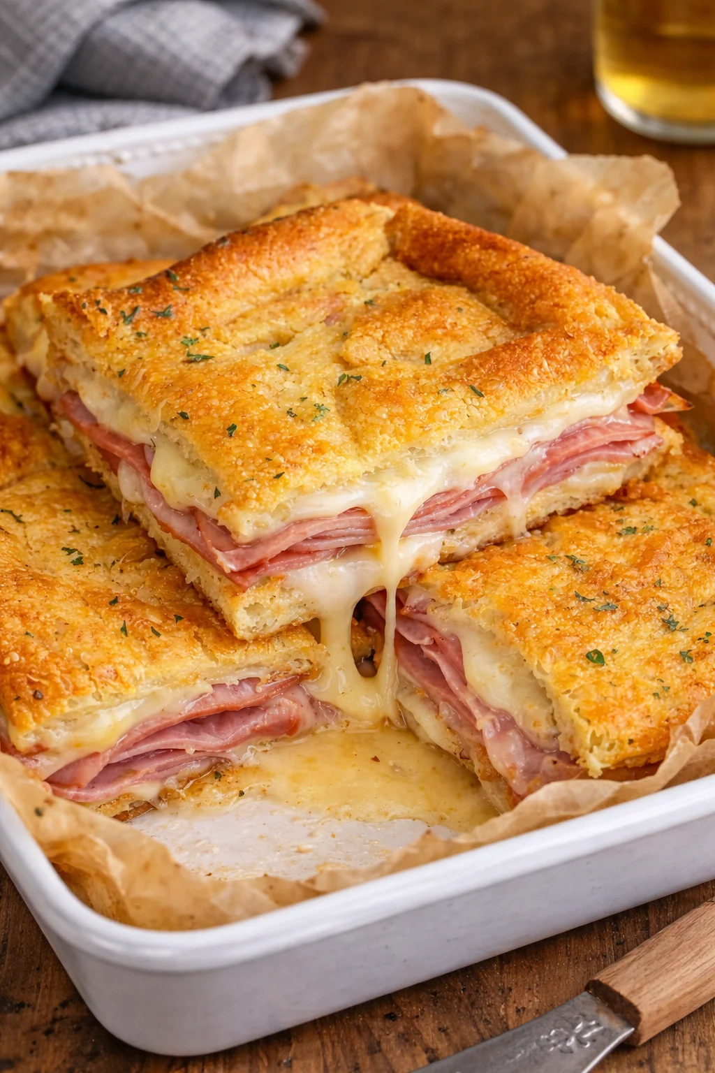 Melted cheese and ham on toasted bread for a perfect hot ham and cheese sandwich.