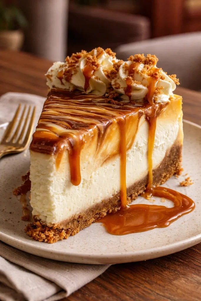 Delicious caramel swirl cheesecake topped with a rich caramel drizzle