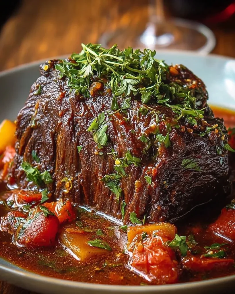 Italian pot roast served with vegetables in a rustic dish