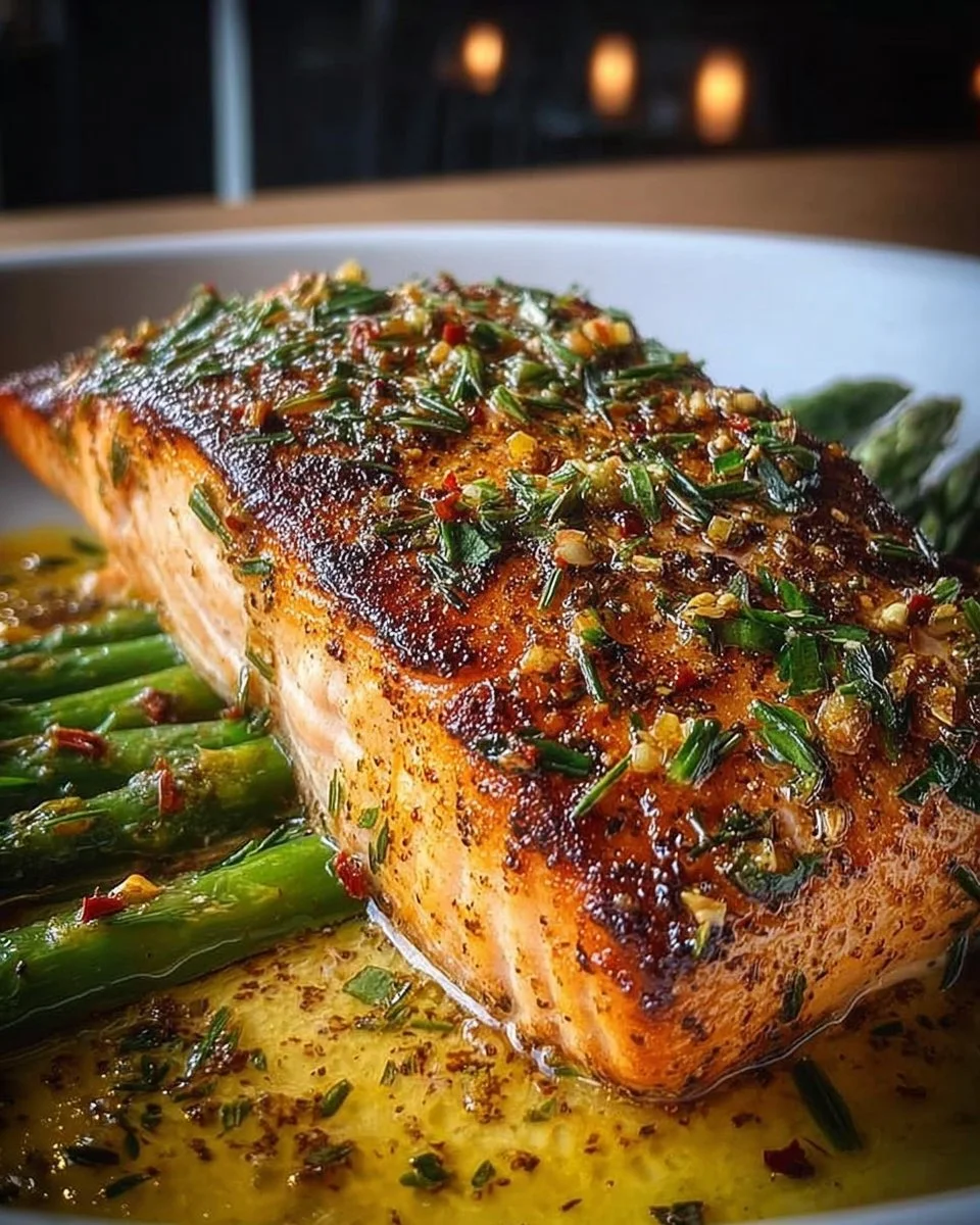 Marry Me Salmon Plate of Marry Me Salmon served with fresh herbs and lemon slices