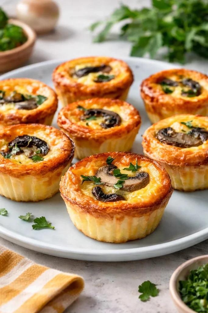 Mini mushroom and spinach quiches served on a plate