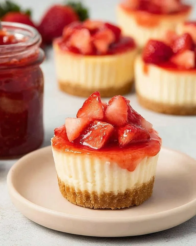 Mini Strawberry Cheesecake Bites Delicious mini strawberry cheesecake bites on a white plate